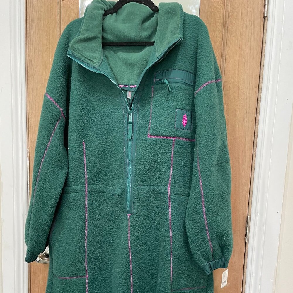 Free People Teal Green Fleece Jumpsuit with Magenta Lining - Picture 2 of 4